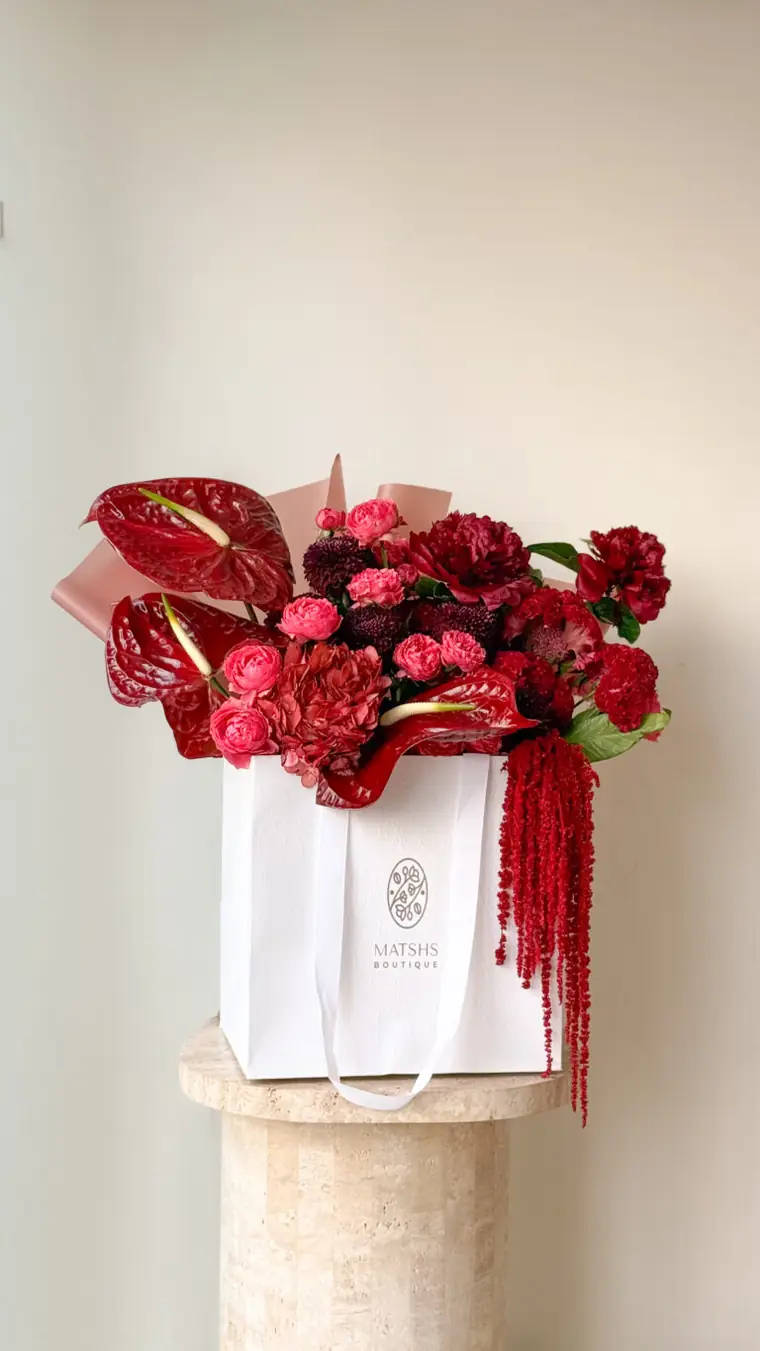 Crimson Luxe Anthurium arrangement in deep red
